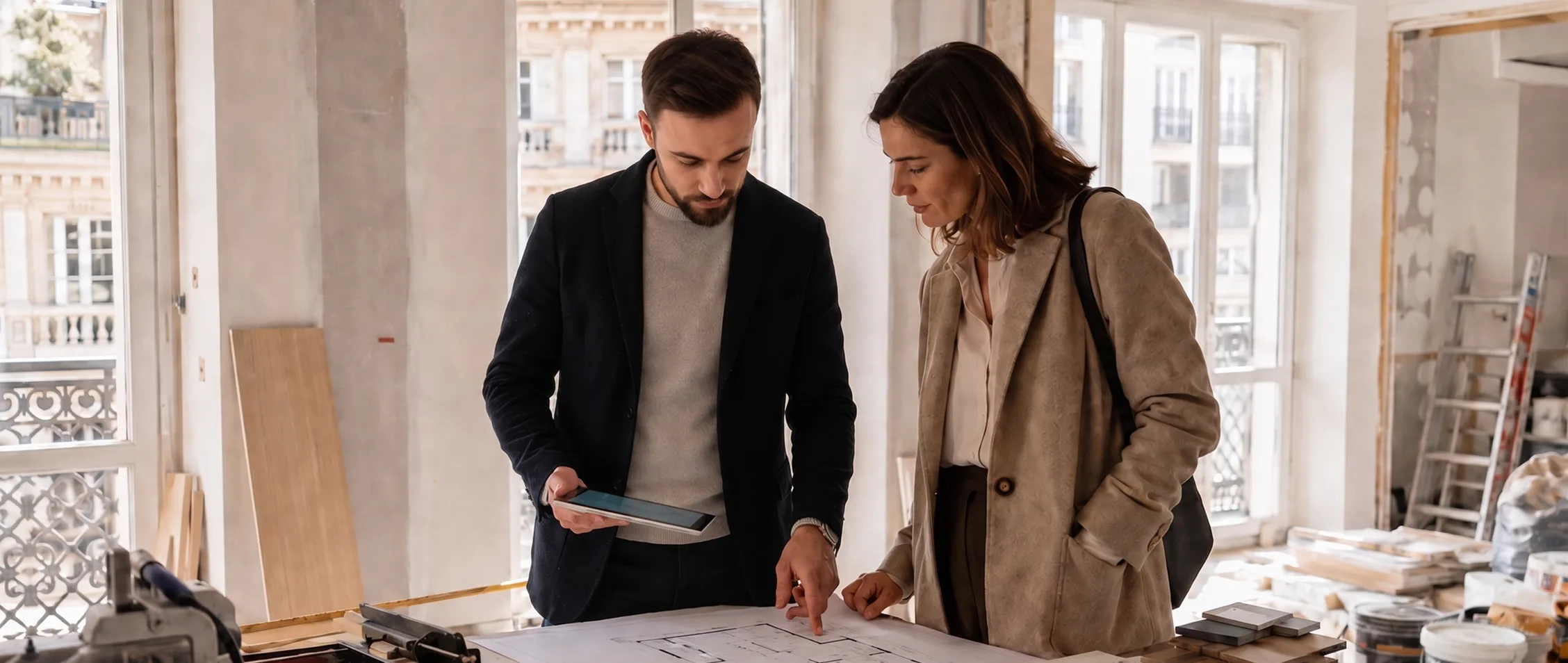 Two SV DOMUS technicians on site reviewing the project