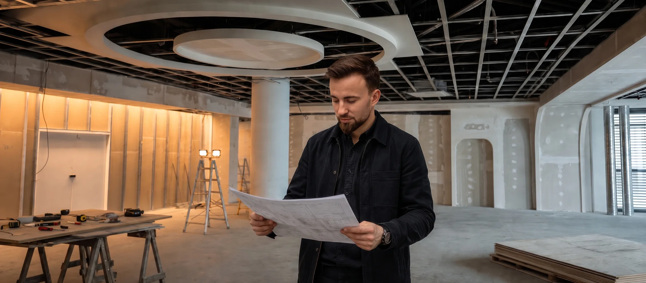 Due operai SV DOMUS sorridenti in cantiere